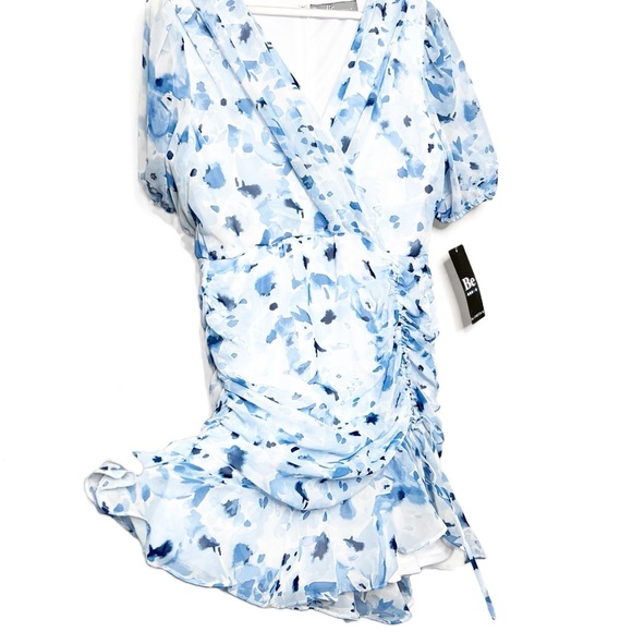 New with Tags Be By Chetta B Women's Ivory Navy Fitted Mini Ruched Ruffle Dress - Picture 4 of 16